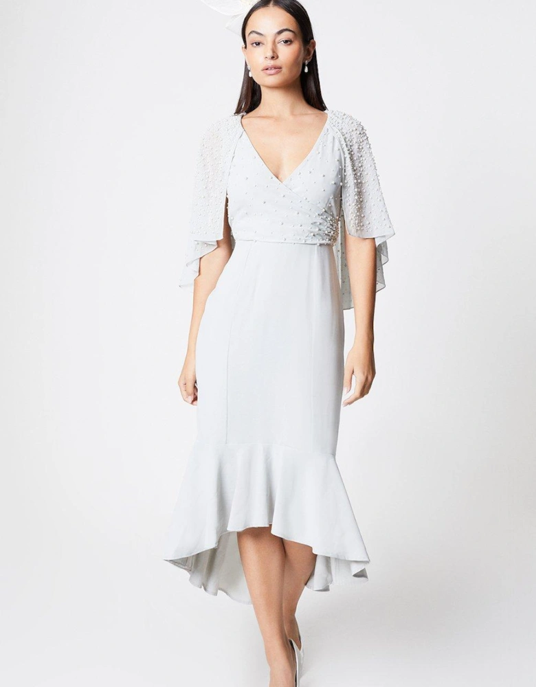 Pearl Embellished Cape Wrap Midi Dress