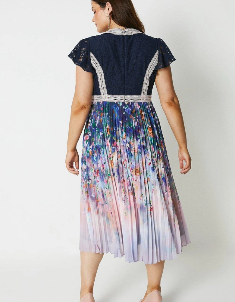 Plus Lace Top Pleated Skirt Midi Dress
