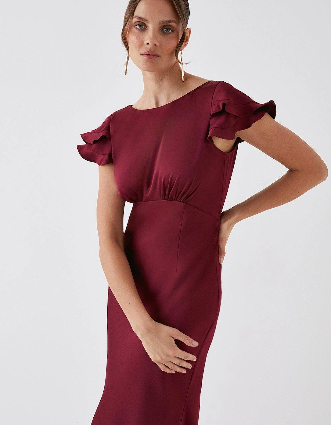 Double Flutter Sleeve Satin Back Crepe Bridesmaids Dress