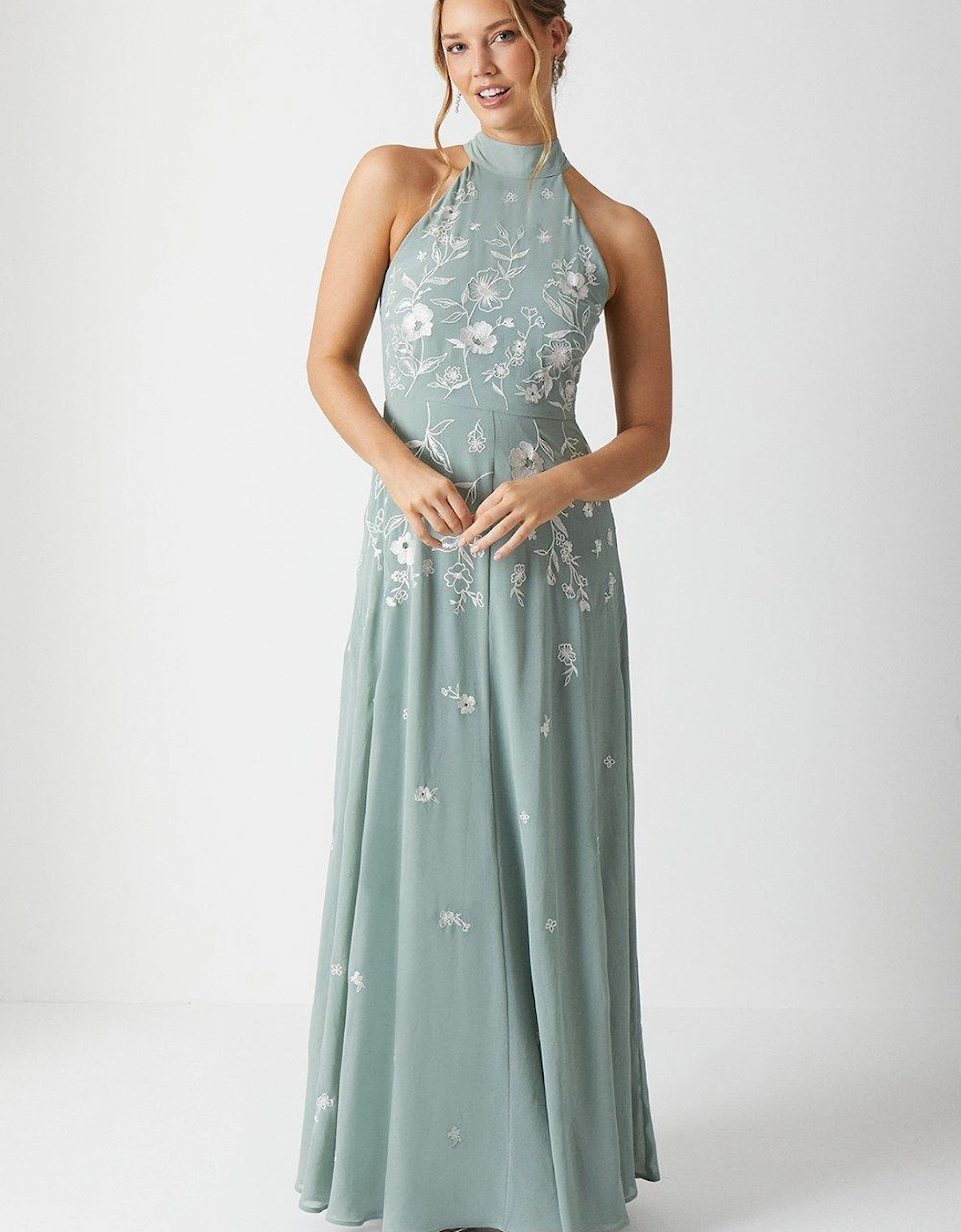 Embroidered Floral Halterneck Bridesmaids Maxi Dress, 2 of 1