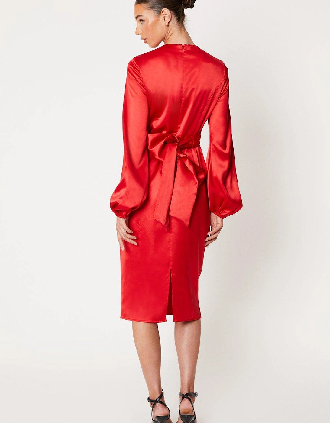 Wrap Waist Blouson Sleeve Midi Dress