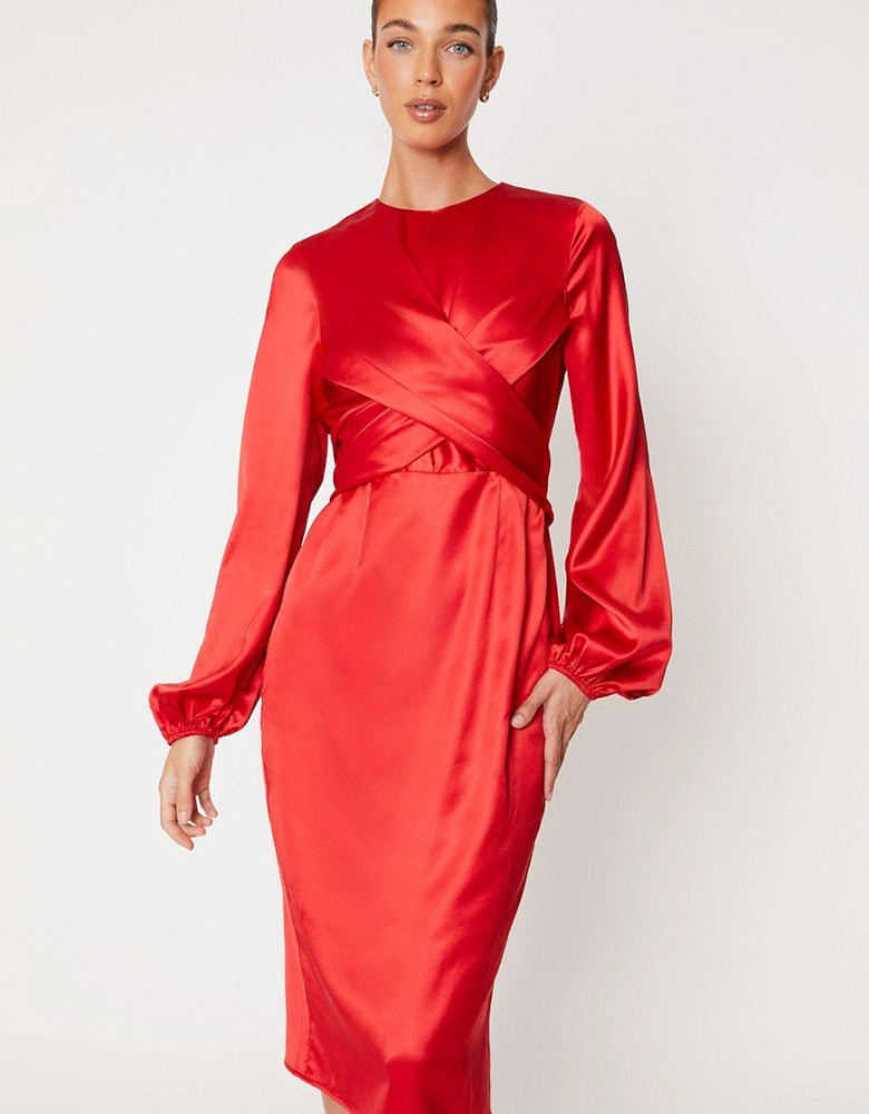 Wrap Waist Blouson Sleeve Midi Dress