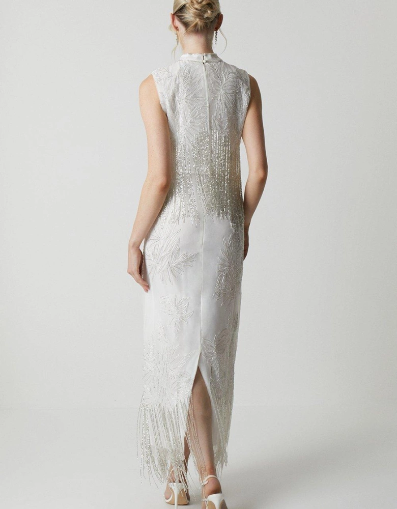 Premium Organza Overlay Beaded Fringe Column Wedding Dress