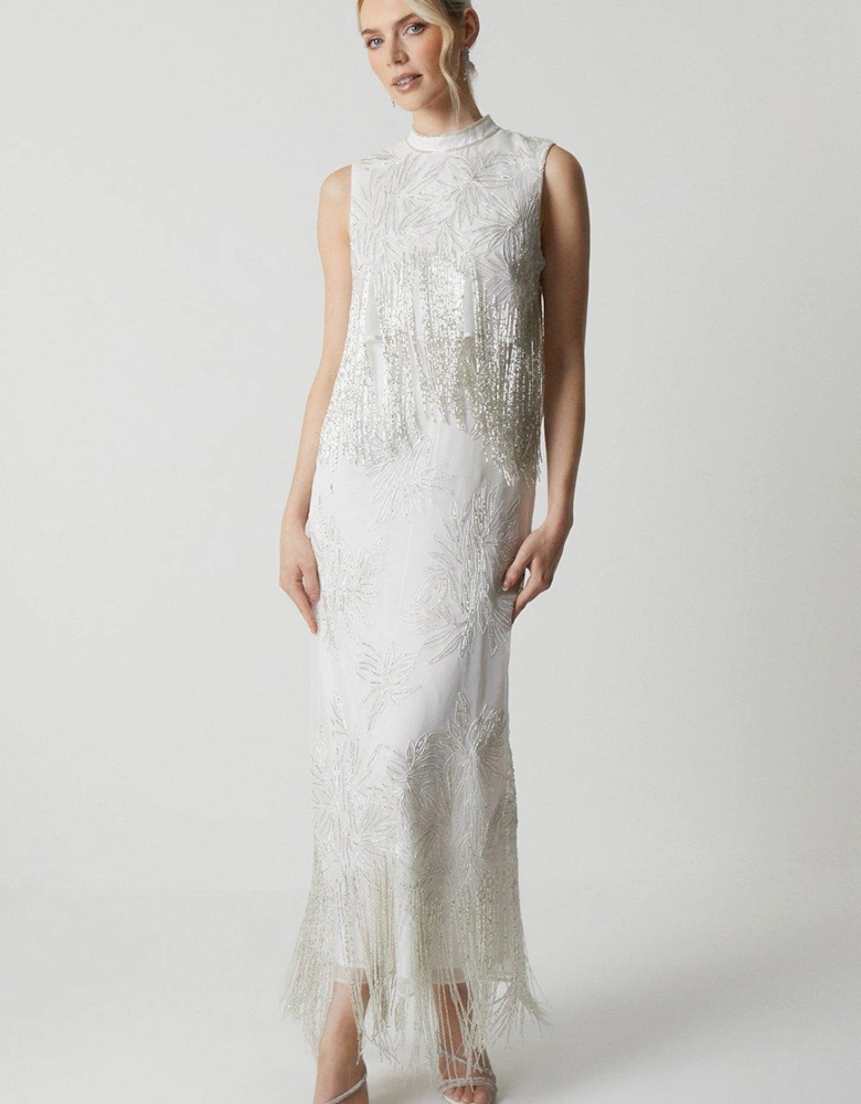 Premium Organza Overlay Beaded Fringe Column Wedding Dress