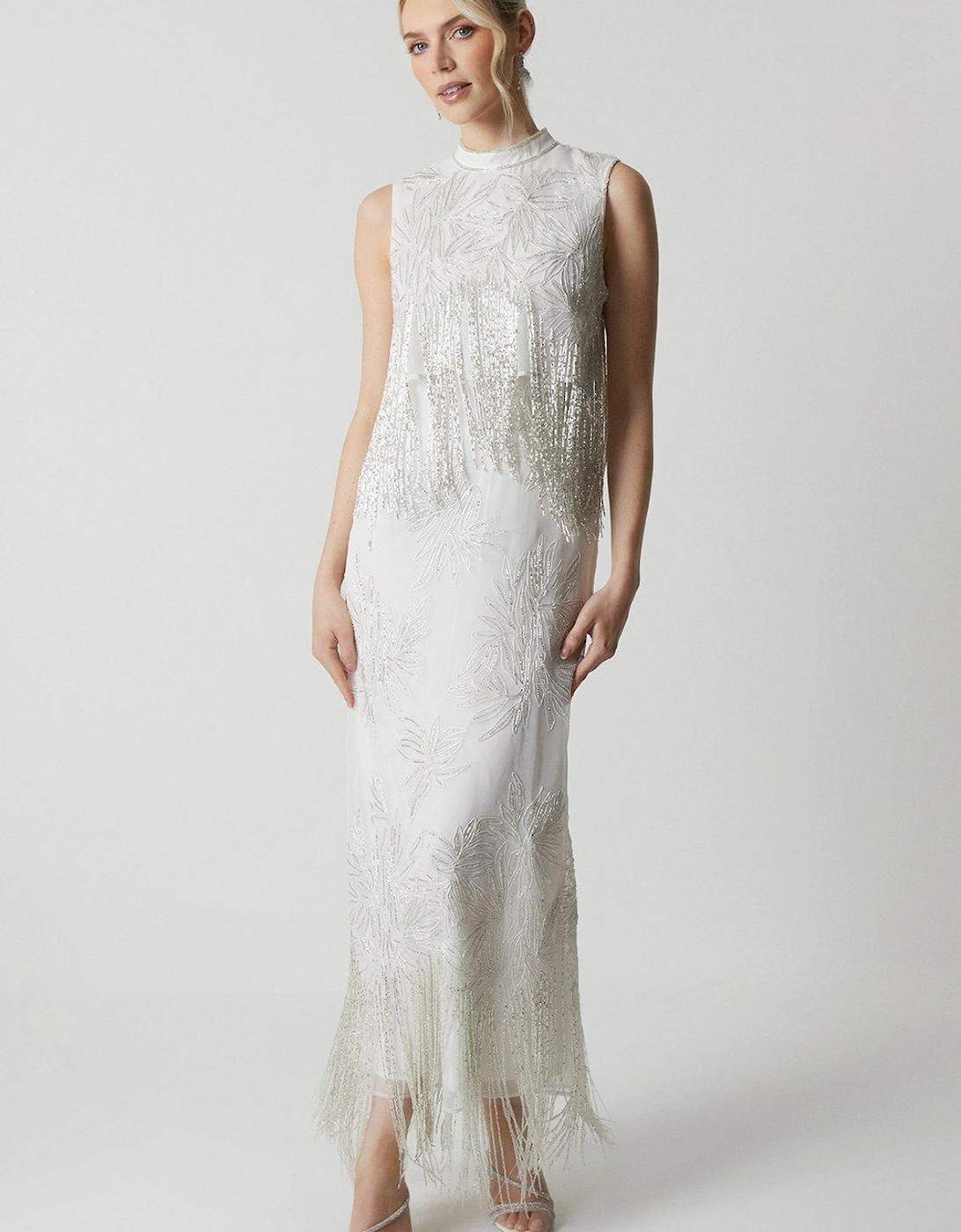 Premium Organza Overlay Beaded Fringe Column Wedding Dress, 5 of 4