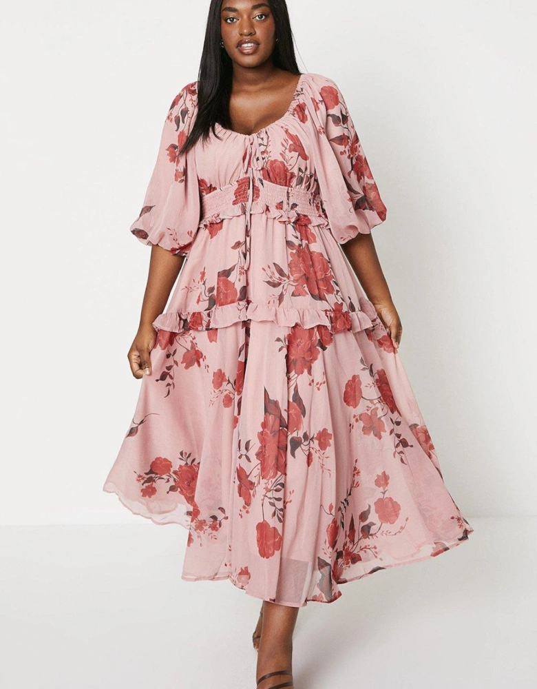 Plus Size Balloon Sleeve Midi Dress With Ruched Waist