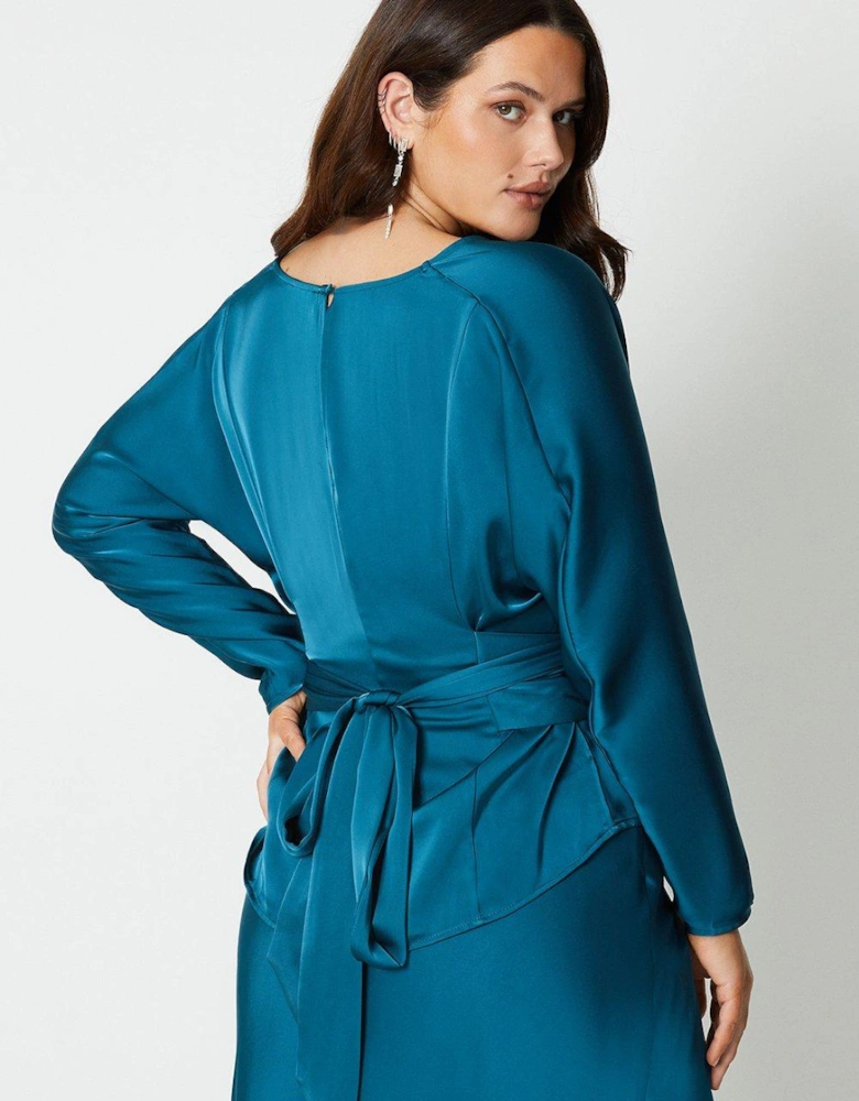 Plus Long Sleeve Satin Top With Tie Detail