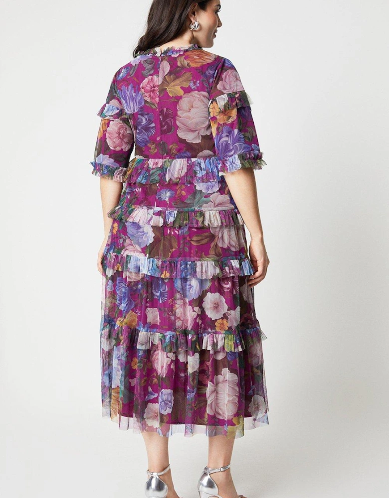 Plus Size Printed Mesh Ruffle Midi Dress