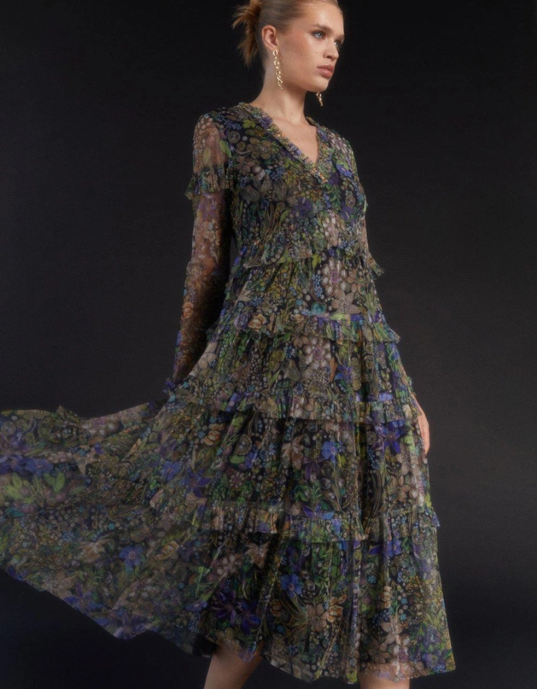 Julie Kuyath Jewel Print Mesh Midi Dress