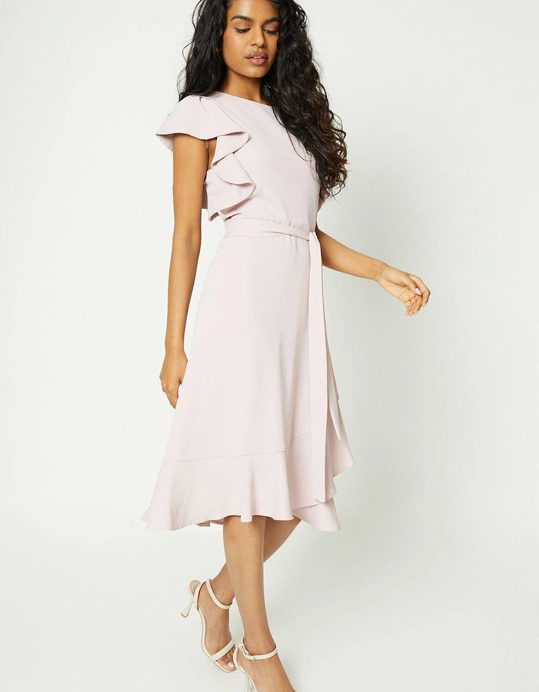 Petite Ruffle Sleeve Tie Waist Midi Dress