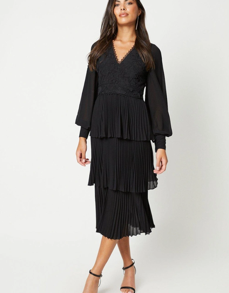 Georgette Lace Tiered Midi Dress With Blouson Sleeve