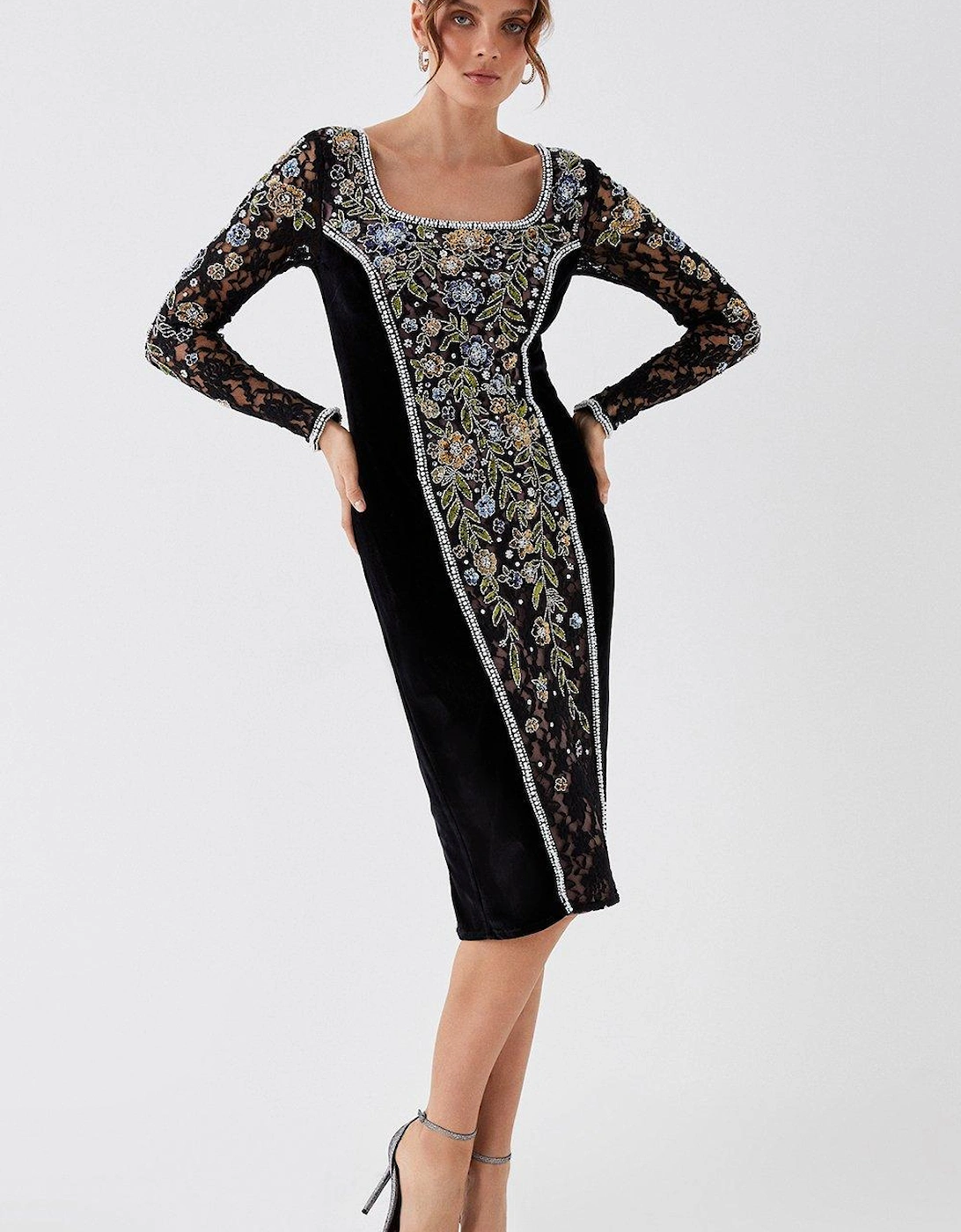 Julie Kuyath Velvet Embellished Bodycon Midi Dress
