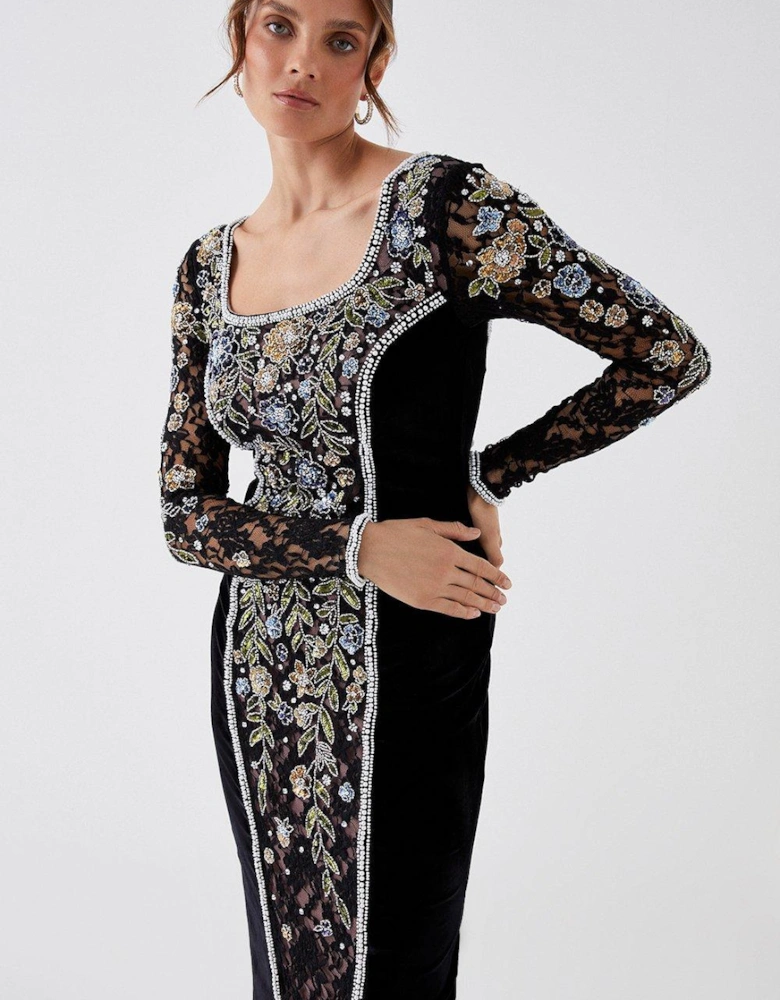 Julie Kuyath Velvet Embellished Bodycon Midi Dress