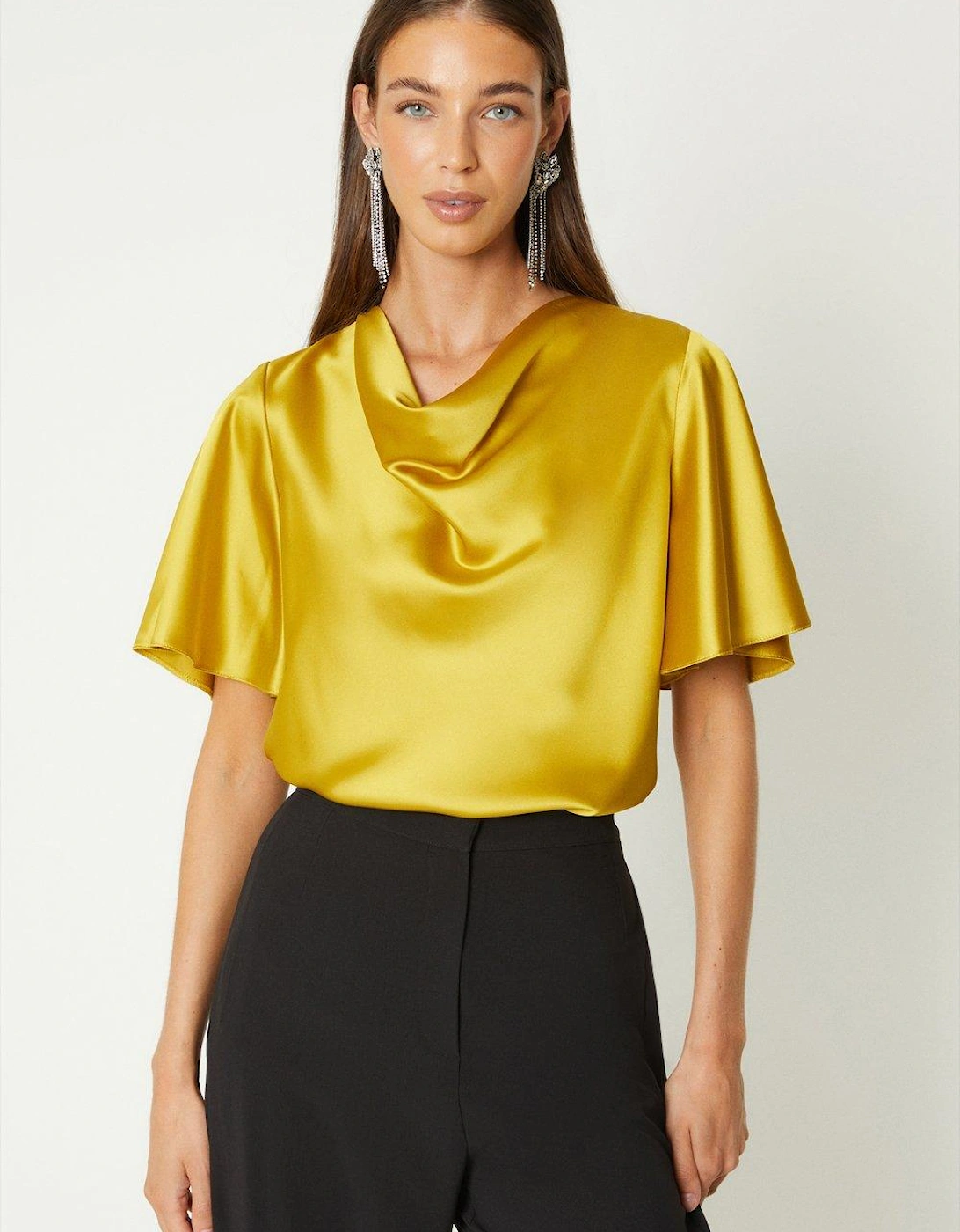 Flare Sleeve Cowl Neck Satin Top, 2 of 1
