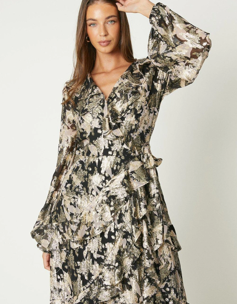 Printed Metallic Chiffon Wrap Dress