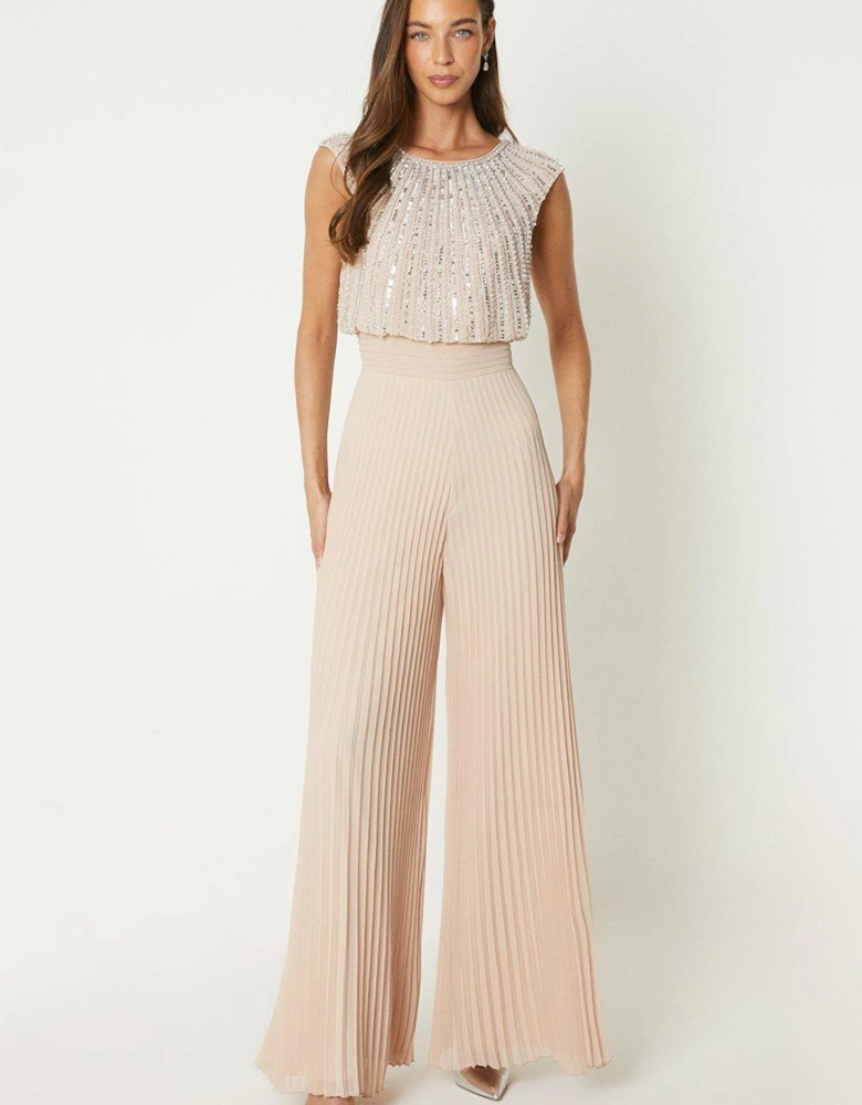 Embellished Bodice Pleat Jumpsuit