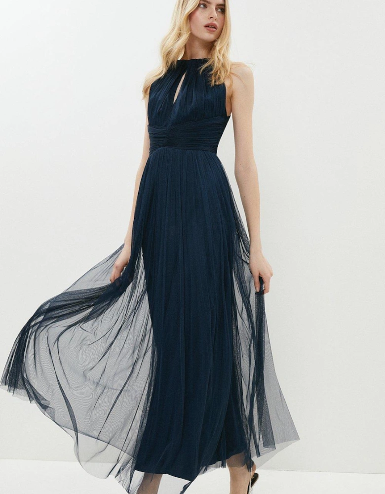 Panelled Ruched Halter Tulle Maxi Dress