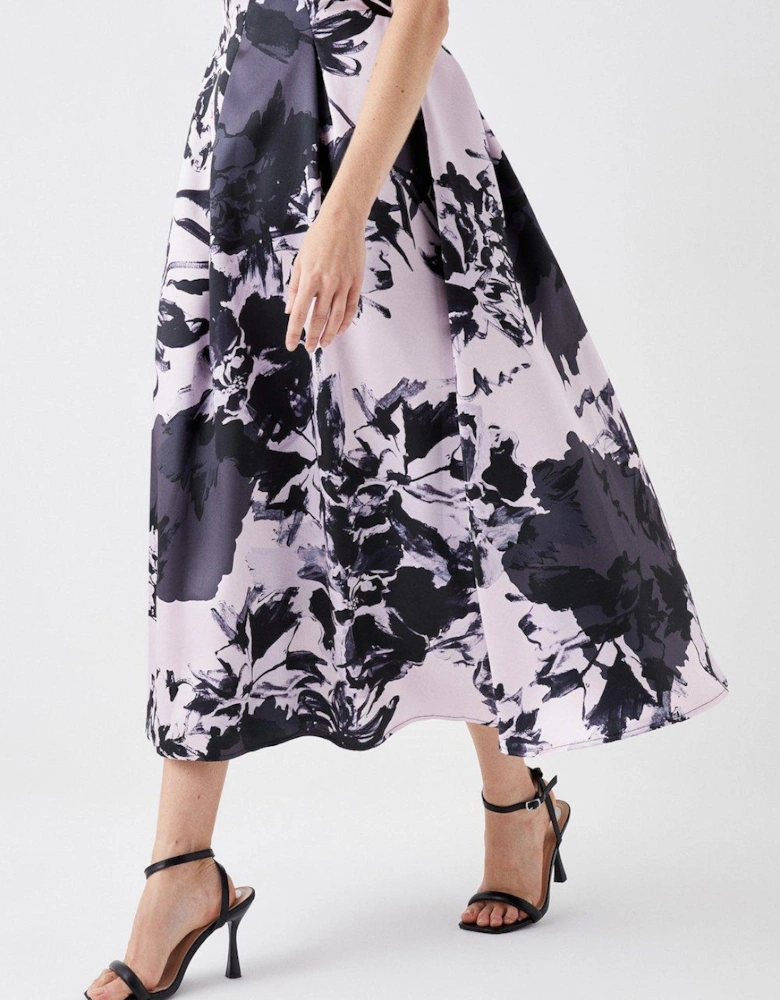 Printed Twill Midi Dress With Embroidered Flowers