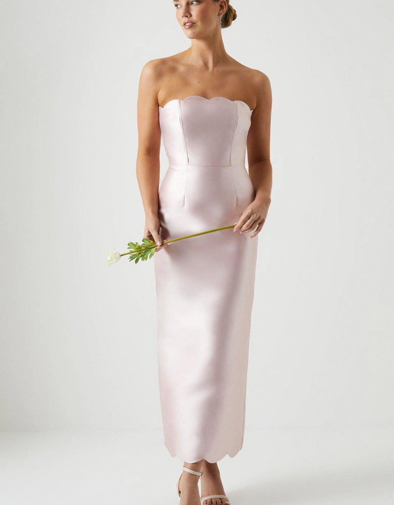 Scallop Detail Twill Column Bridesmaids Dress