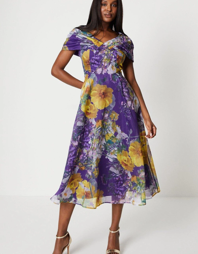 Organza Print Pleat Cape Detail Midi Dress