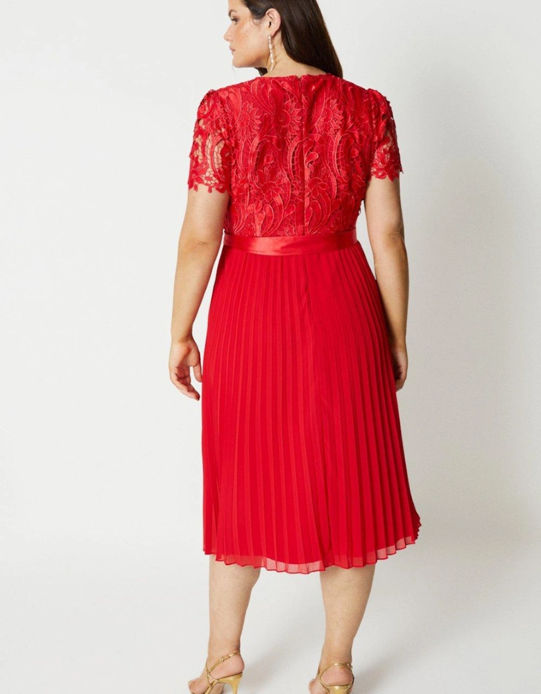 Plus Premium Floral Satin Lace Pleat Skirt Midi Dress