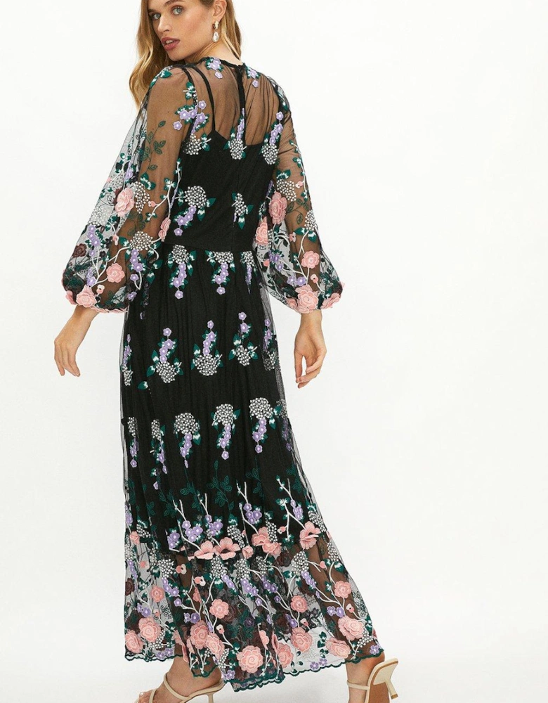 Embroidered Mesh Midaxi Dress