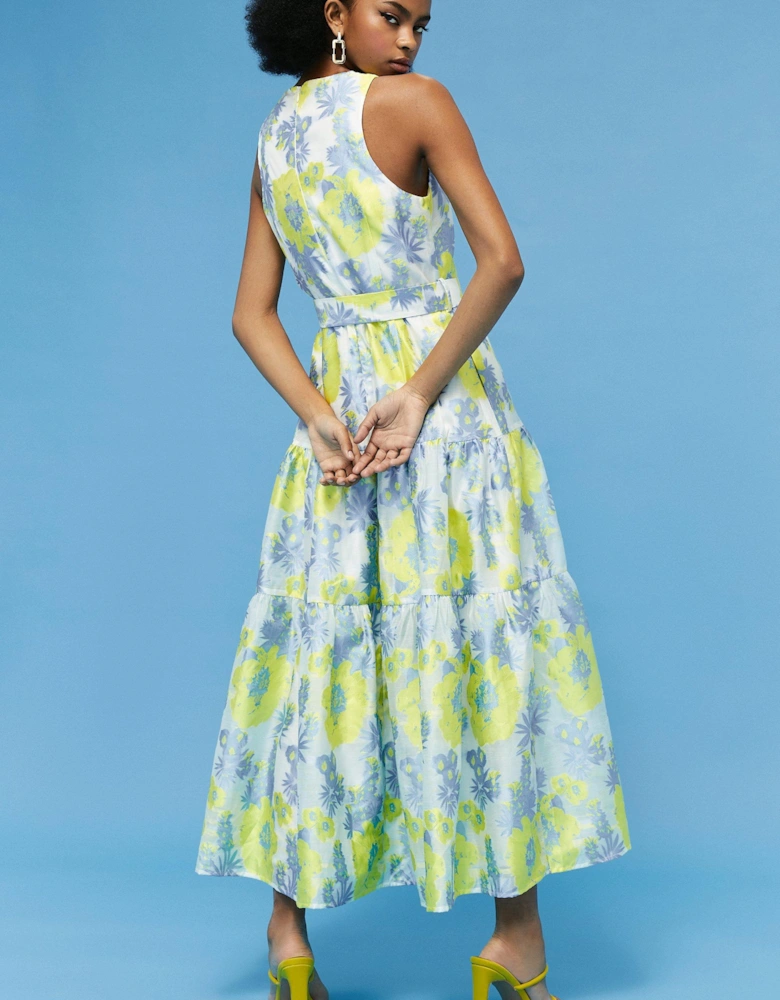 Tiered Belted Printed Twill Midaxi Dress