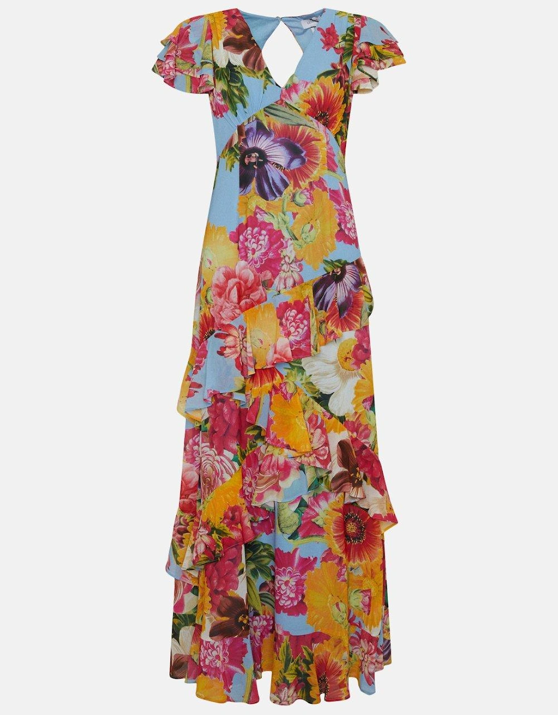 Floral Cut Out Back Ruffle Maxi Dress