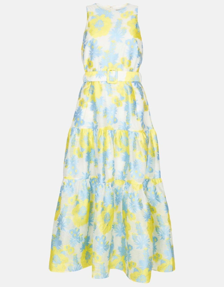 Tiered Belted Printed Twill Midaxi Dress
