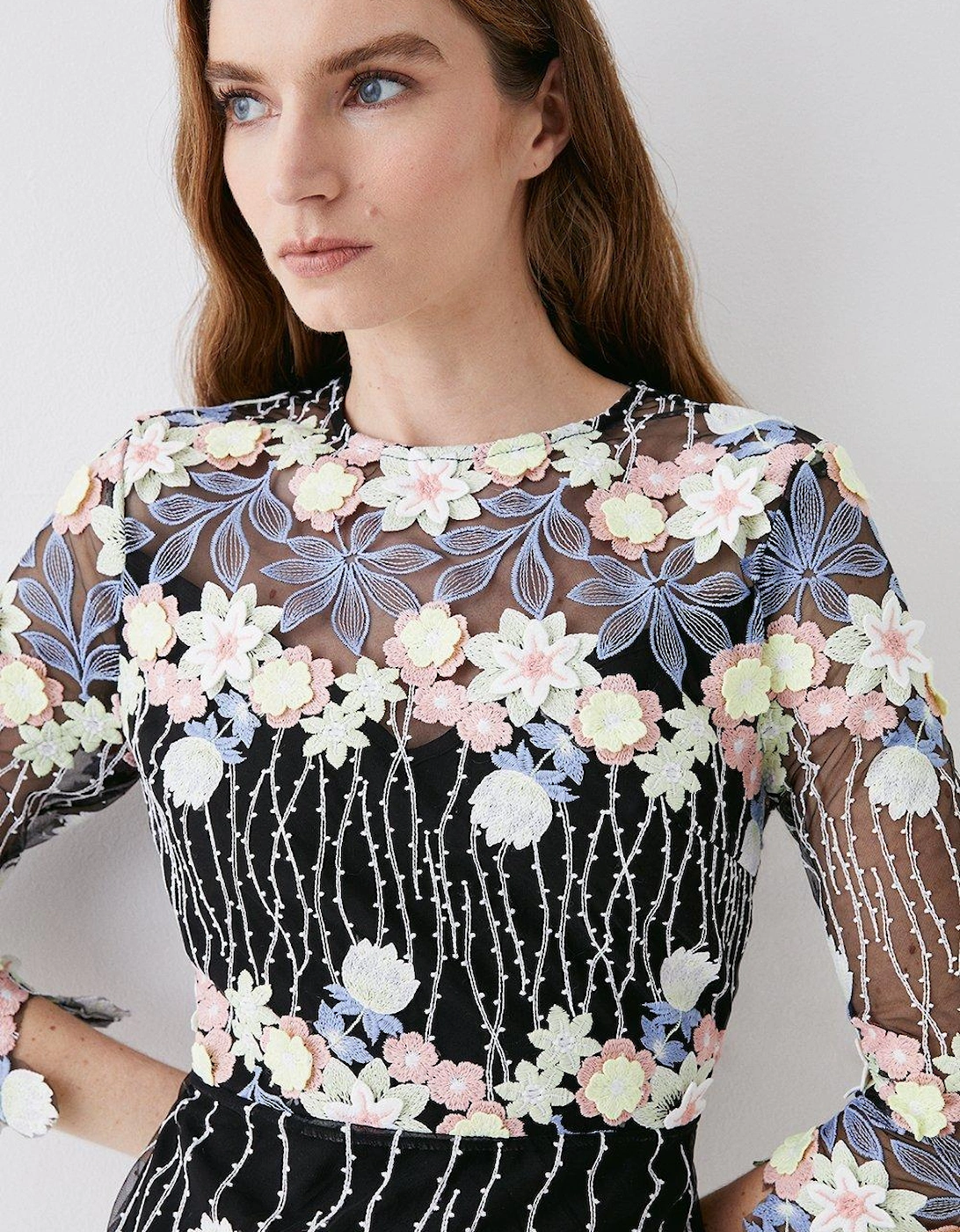 3d Fleur Embroidered Long Sleeve Dress