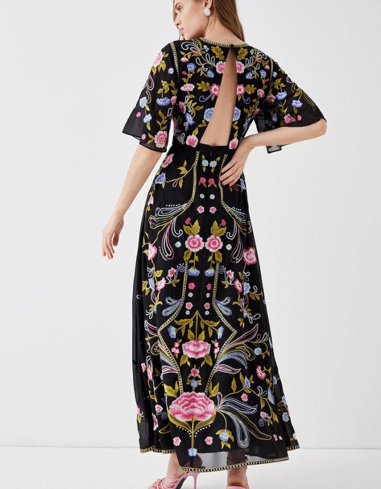 Angel Sleeve Embroidered Maxi Dress
