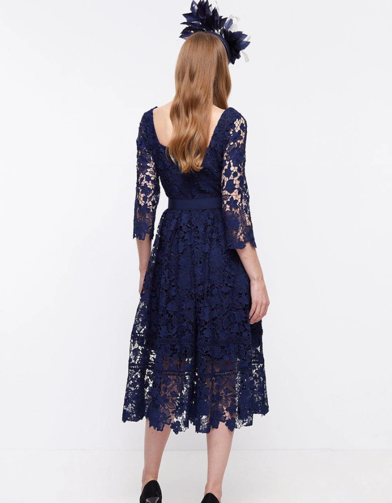 Square Neck Lace Dress With 3/4 Sleeve