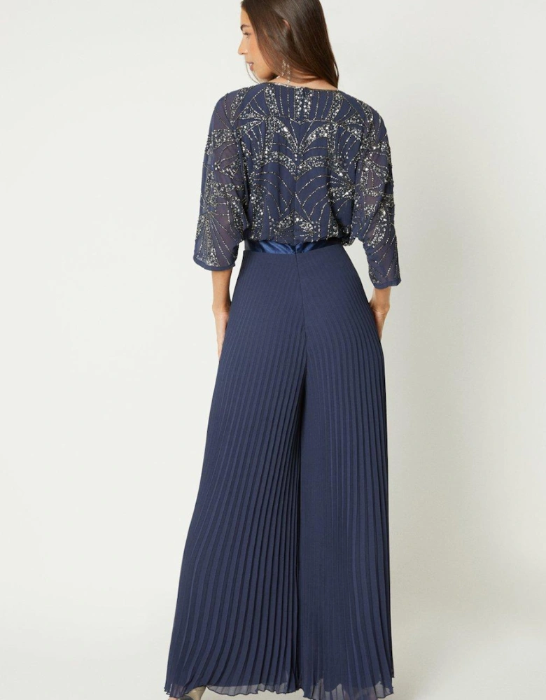 Embellished Cape Sleeve Pleat Jumpsuit