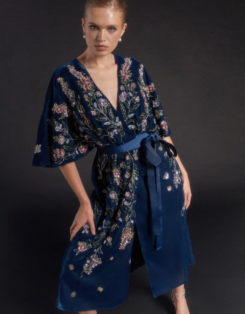 Julie Kuyath Velvet Embellished Wrap Dress
