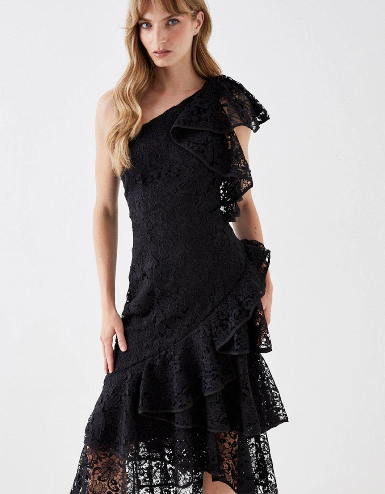 One Shoulder Lace Ruffle Midi Dress