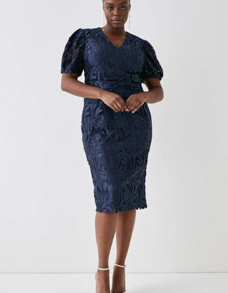 Plus Size Pencil Dress In Satin Lace With Buttons & Tie