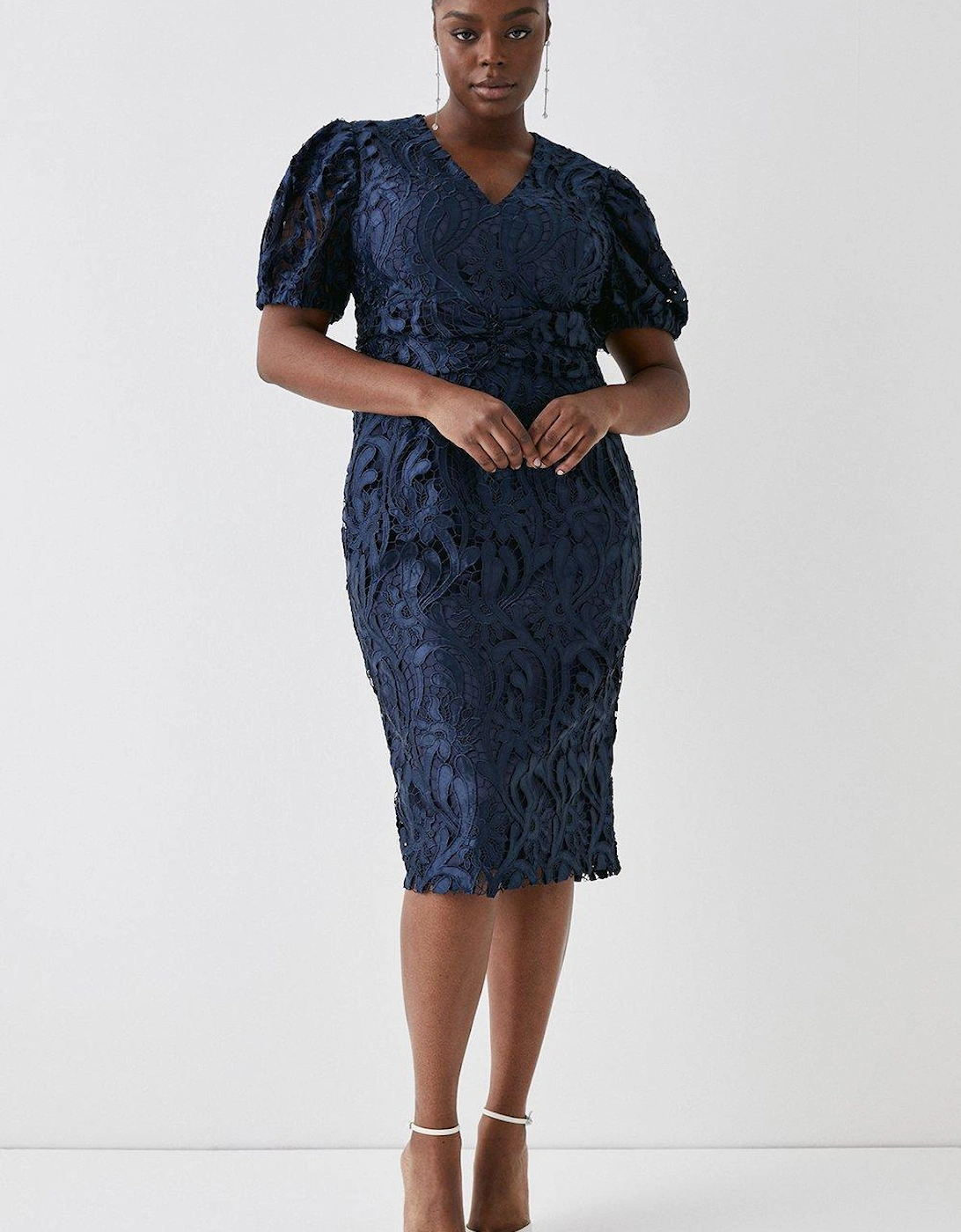 Plus Size Pencil Dress In Satin Lace With Buttons & Tie, 6 of 5