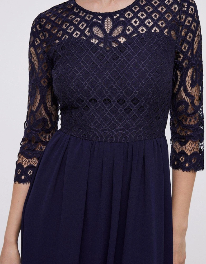 Lace Bodice Full Georgette Skirt Midi Dress