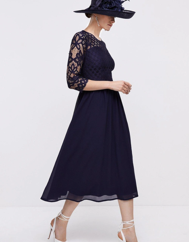 Lace Bodice Full Georgette Skirt Midi Dress