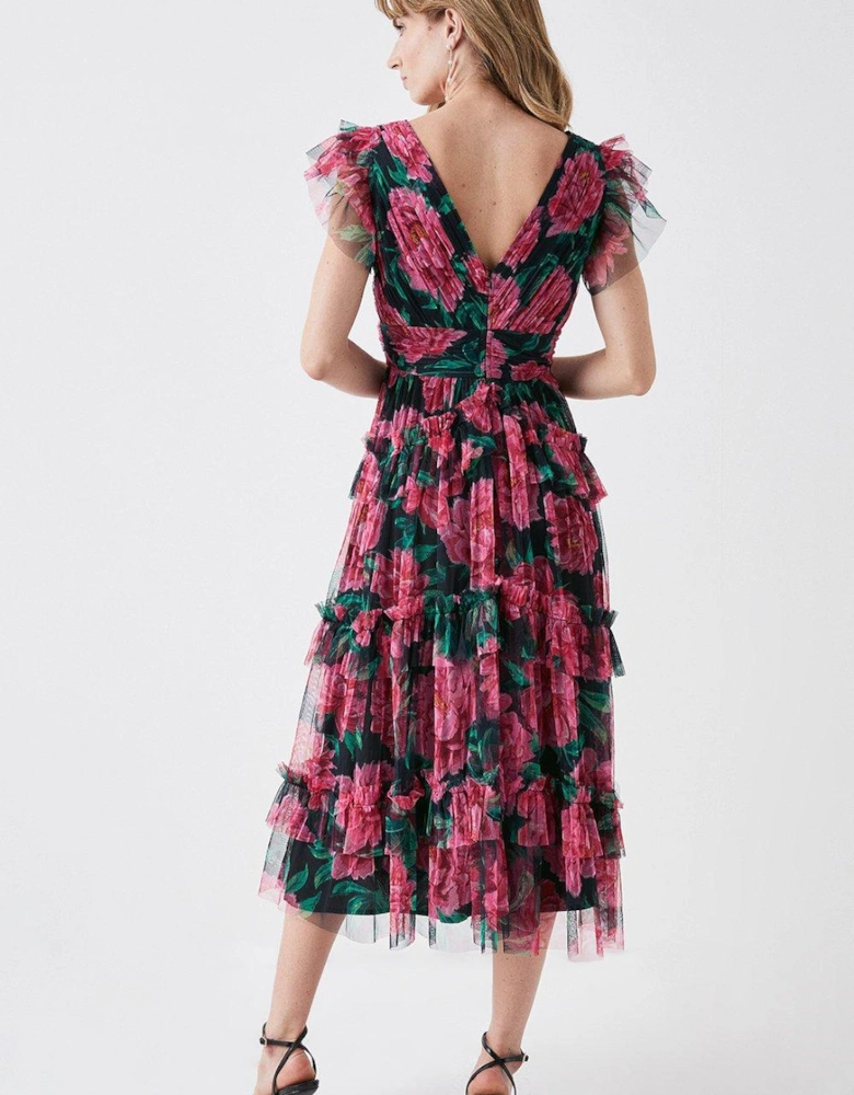 Printed Tulle Tiered Skirt Midi Dress