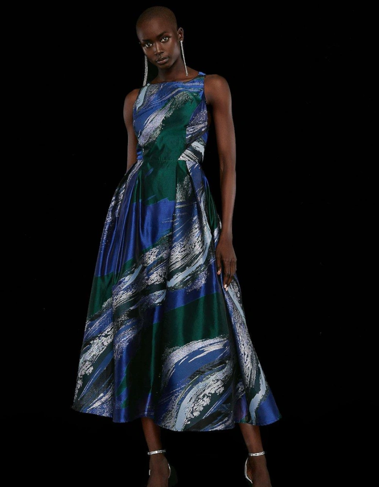 Premium Metallic Abstract Jacquard Midi Dress
