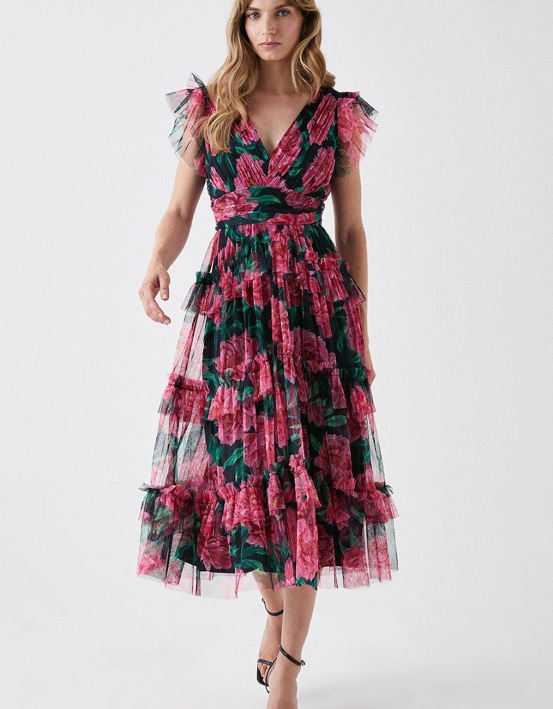 Printed Tulle Tiered Skirt Midi Dress, 5 of 4