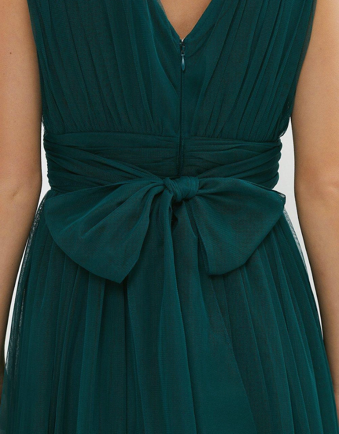 Sleeveless Tulle V Front Bow Back Midi Dress