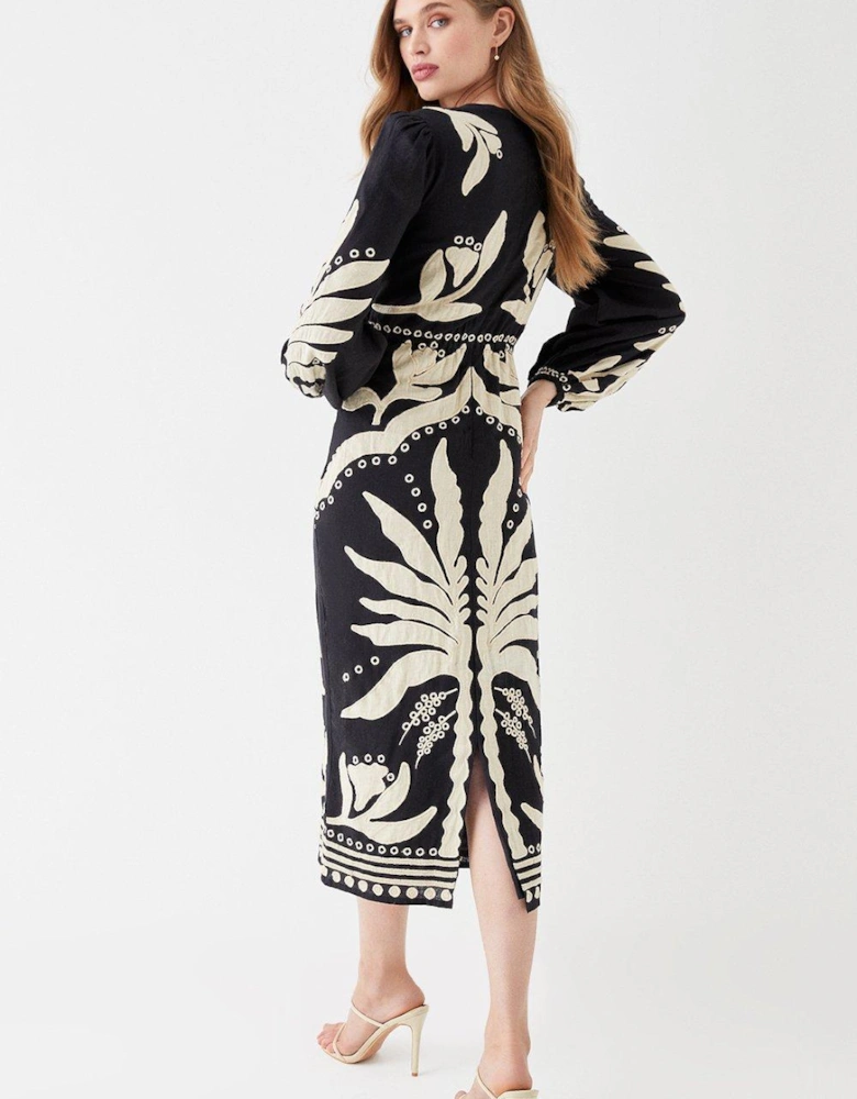 Linen Twist Front Applique Embroidered Midi Dress