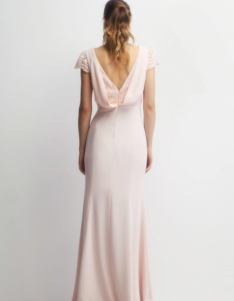 Petite Lace Detail Satin Back Crepe Bardot Fishtail Maxi