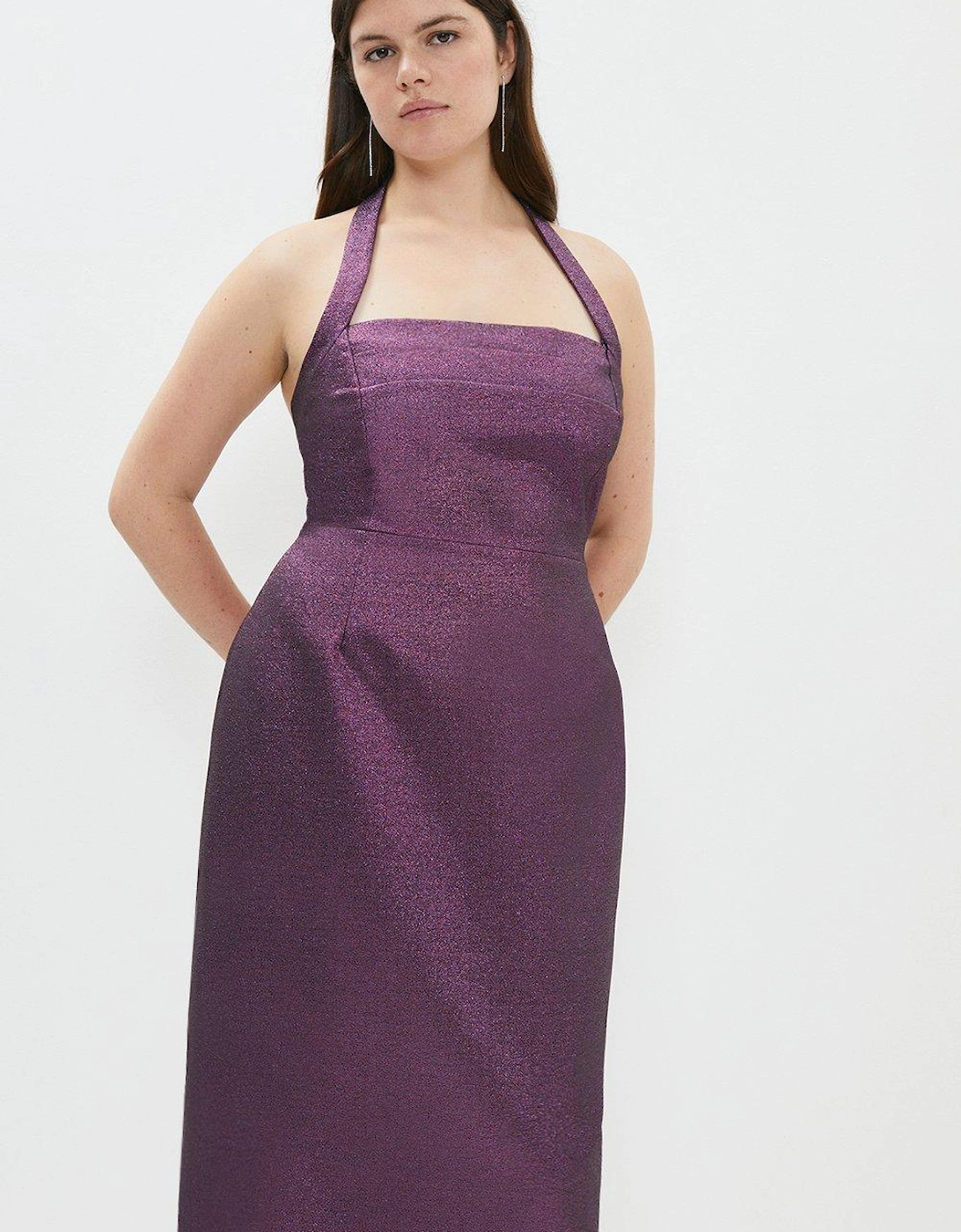 Plus Size Sparkle Jacquard Halter Neck Pencil Dress, 5 of 4
