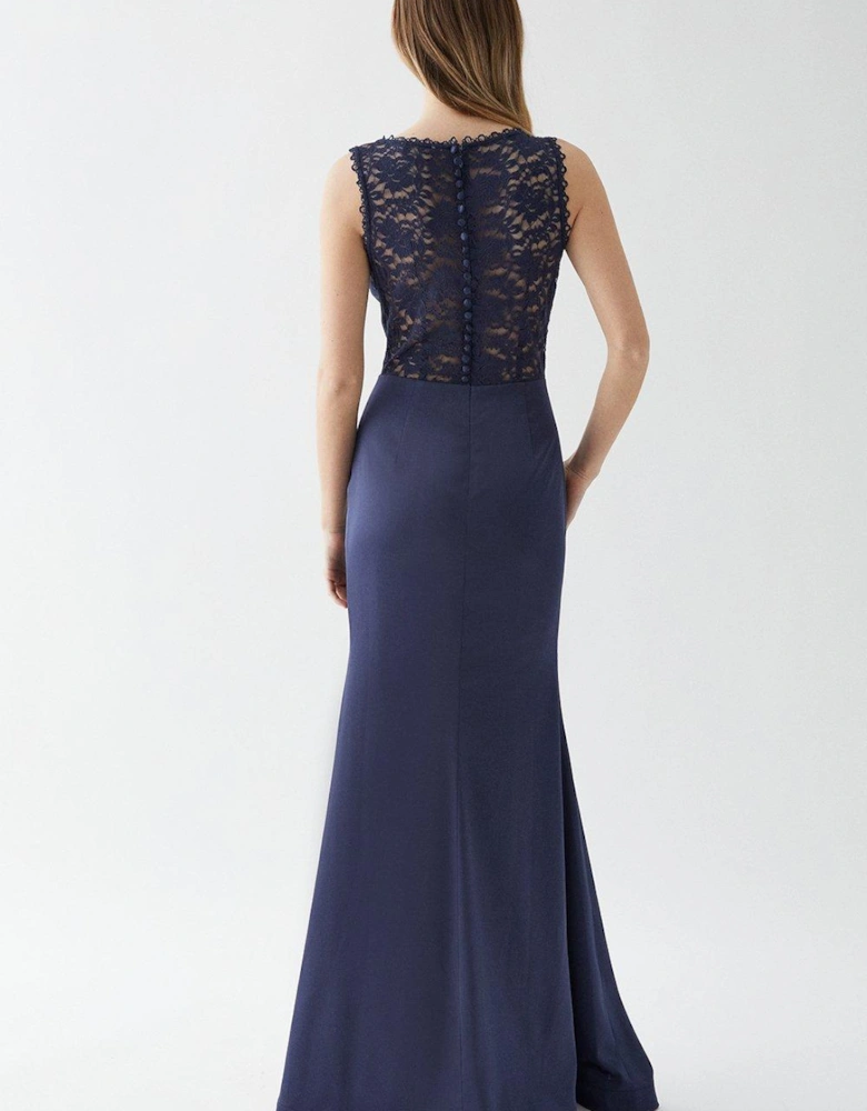 Structured Satin Stretch Lace Back Bridesmaid Dress