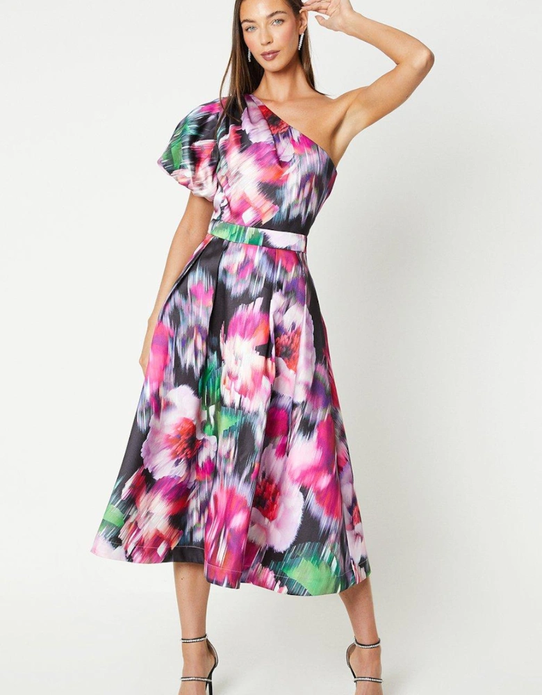 Printed One Shoulder Puff Sleeve Midi Dress