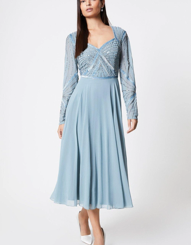 Long Sleeve Embellished Bodice Midi Dress