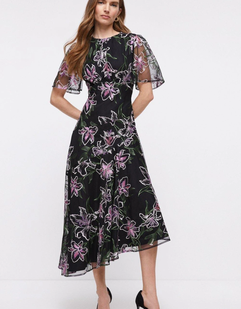 Lily Embroidered Mesh Cut Out Back Midi Dress